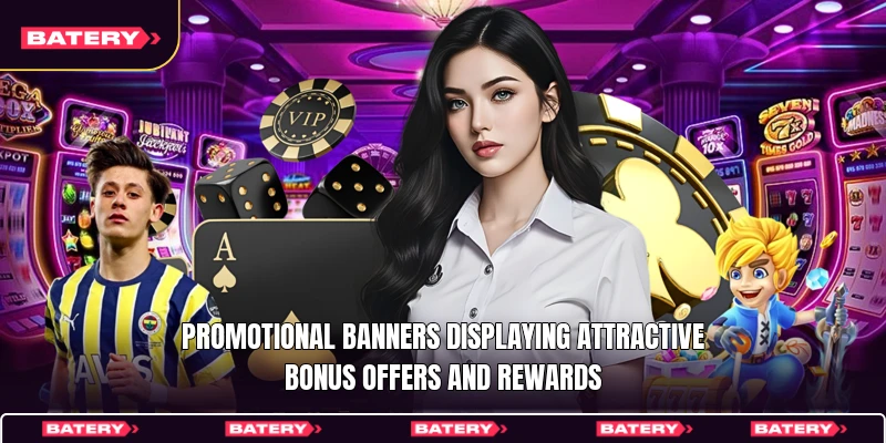Promotional banners displaying attractive bonus offers and rewards